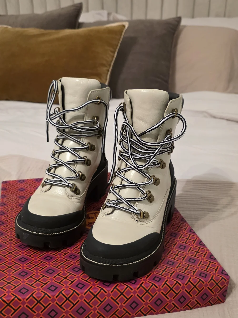 Cream Lace-Up Tory Burch Boot with Black Trim